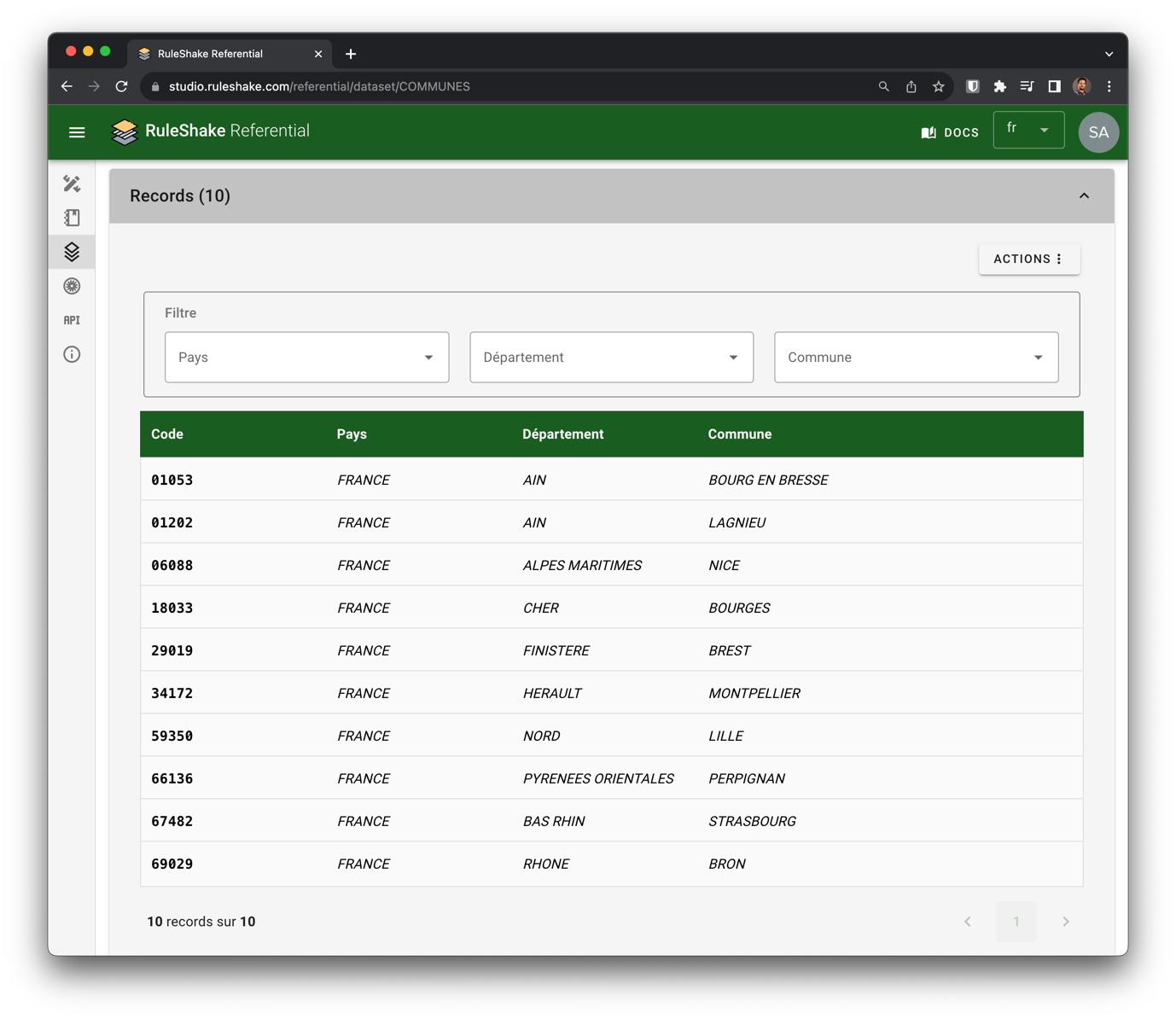 Records du dataset des communes de France